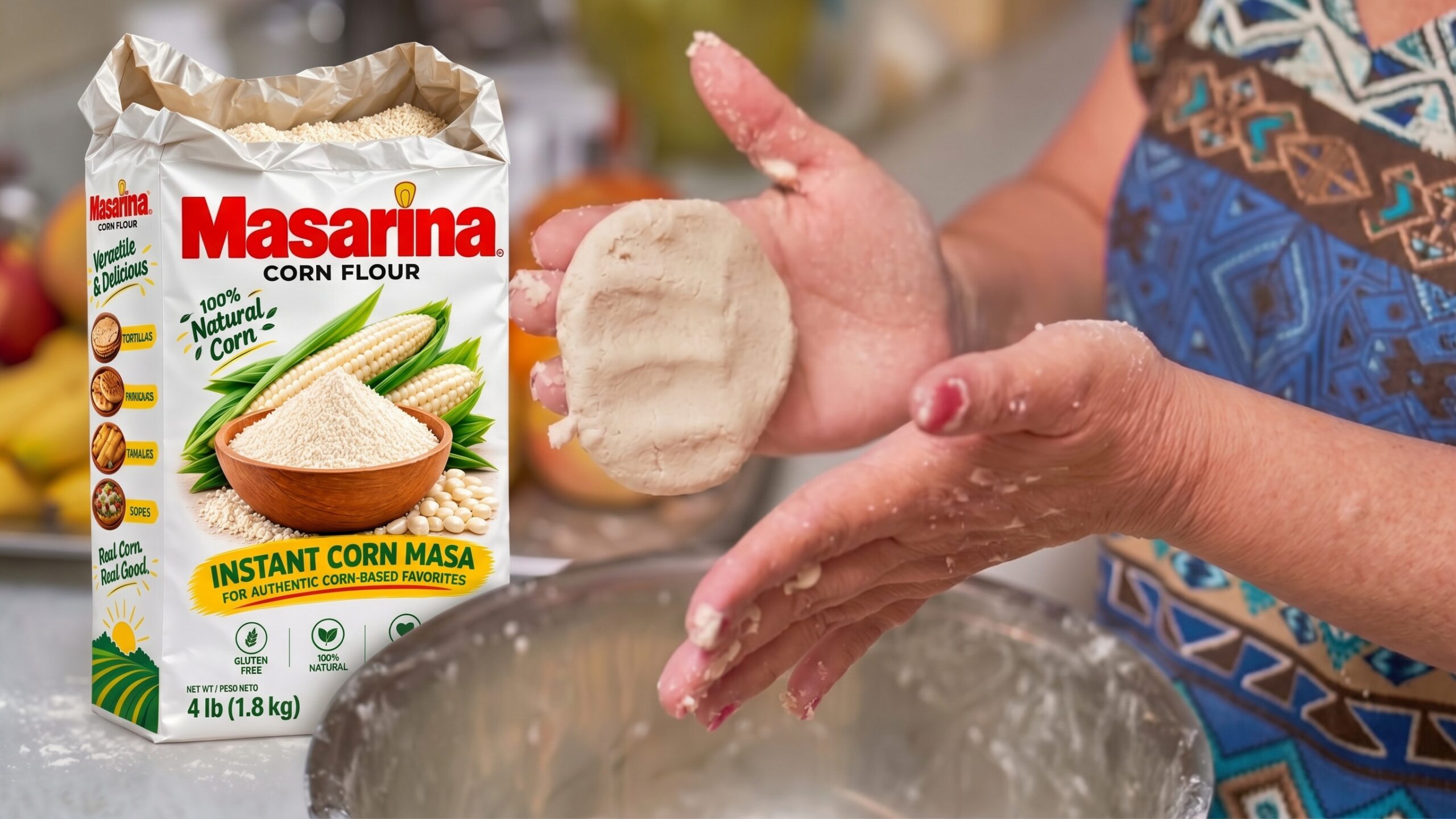 Hands shaping masa dough next to a bag of MASARINA Corn Flour