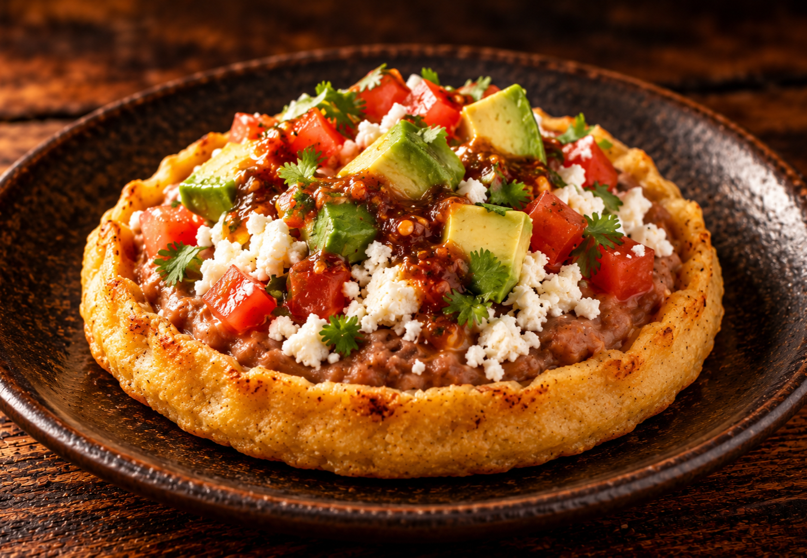 Sopes topped with beans, salsa, queso fresco and avocado