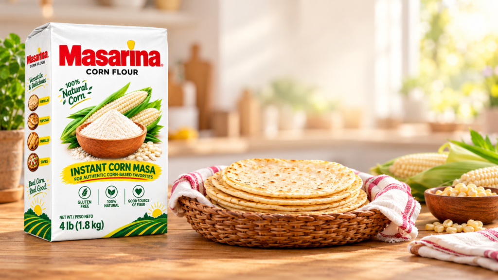 MASARINA Corn Flour bag with a basket of fresh corn tortillas