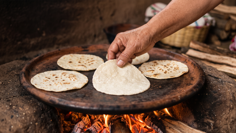 Fresh corn tortillas cooking on a traditional clay comal